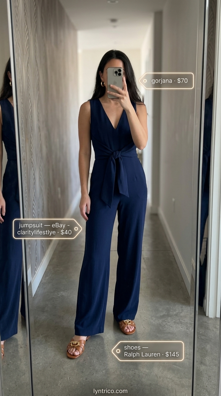 Casual NYC summer outfits for women 2026: Navy wide-leg jumpsuit, tan sandals, canvas tote, gold hoops.