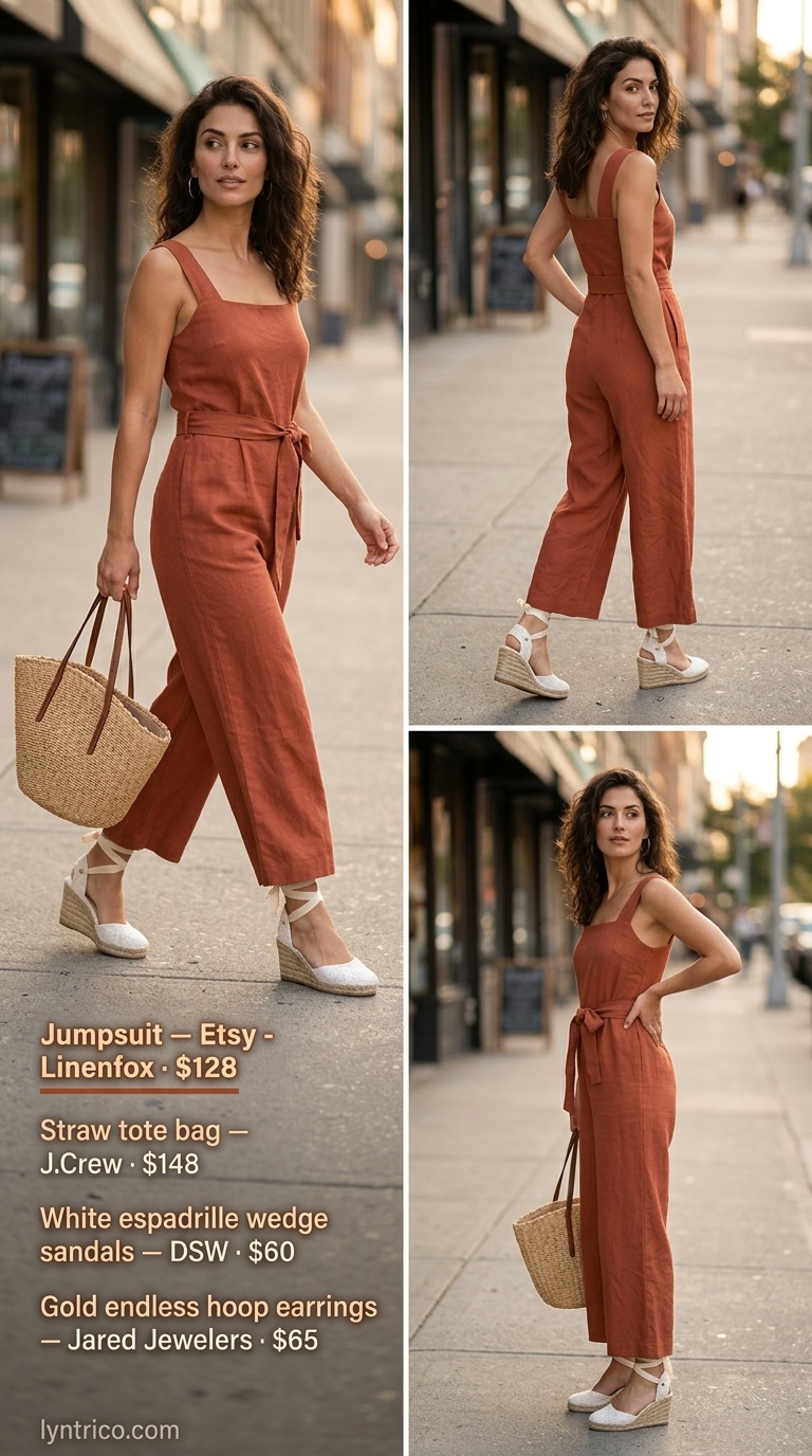 Terracotta linen jumpsuit with espadrille wedges & straw tote for casual NYC summer outfits for women 2026.