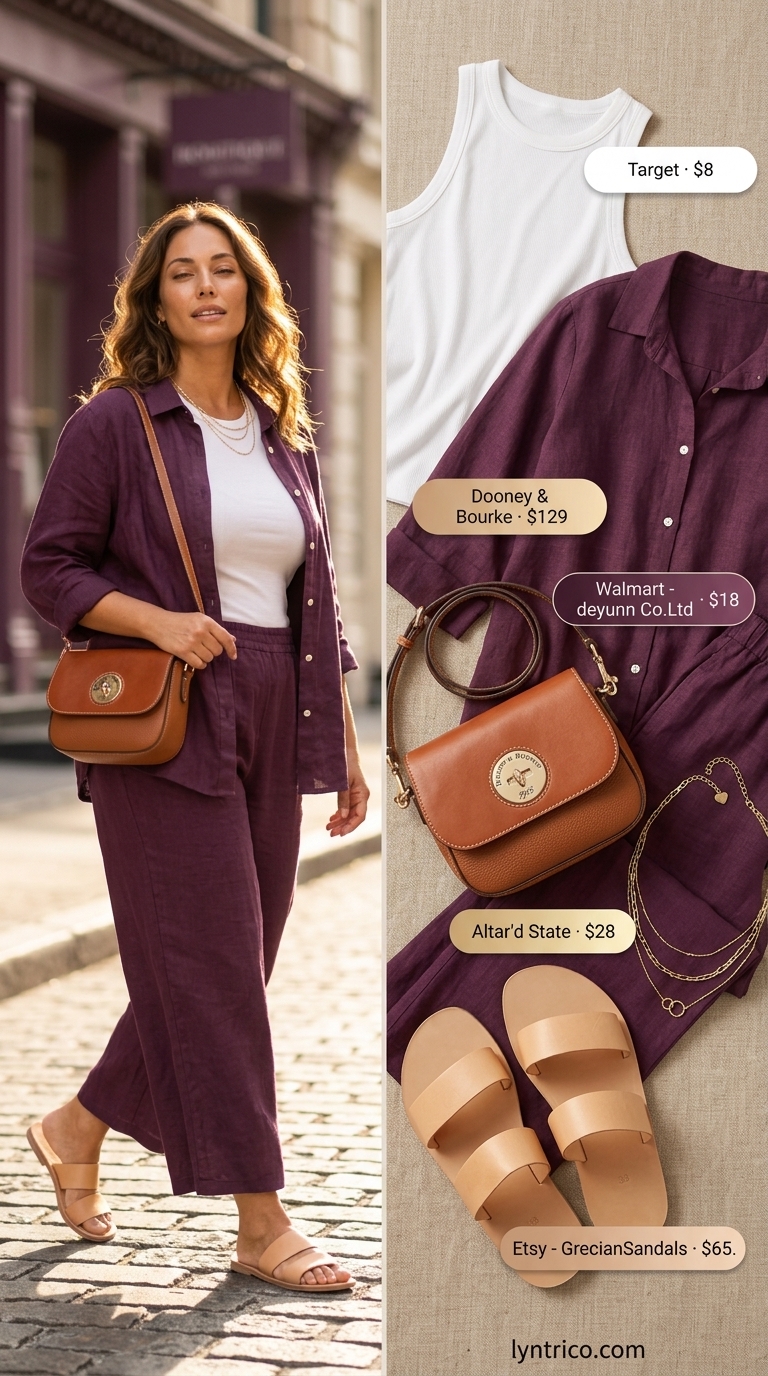 Casual NYC summer outfits for women 2026: Linen set, tank top, slides for city brunch.