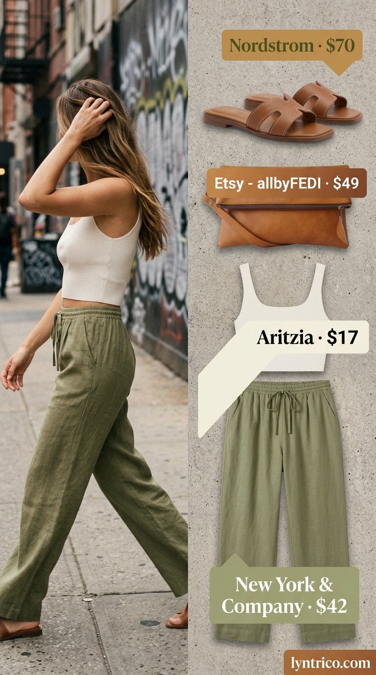 Casual NYC summer outfits for women 2026: Olive green linen pants, cream tank, tan sandals, gold jewelry.