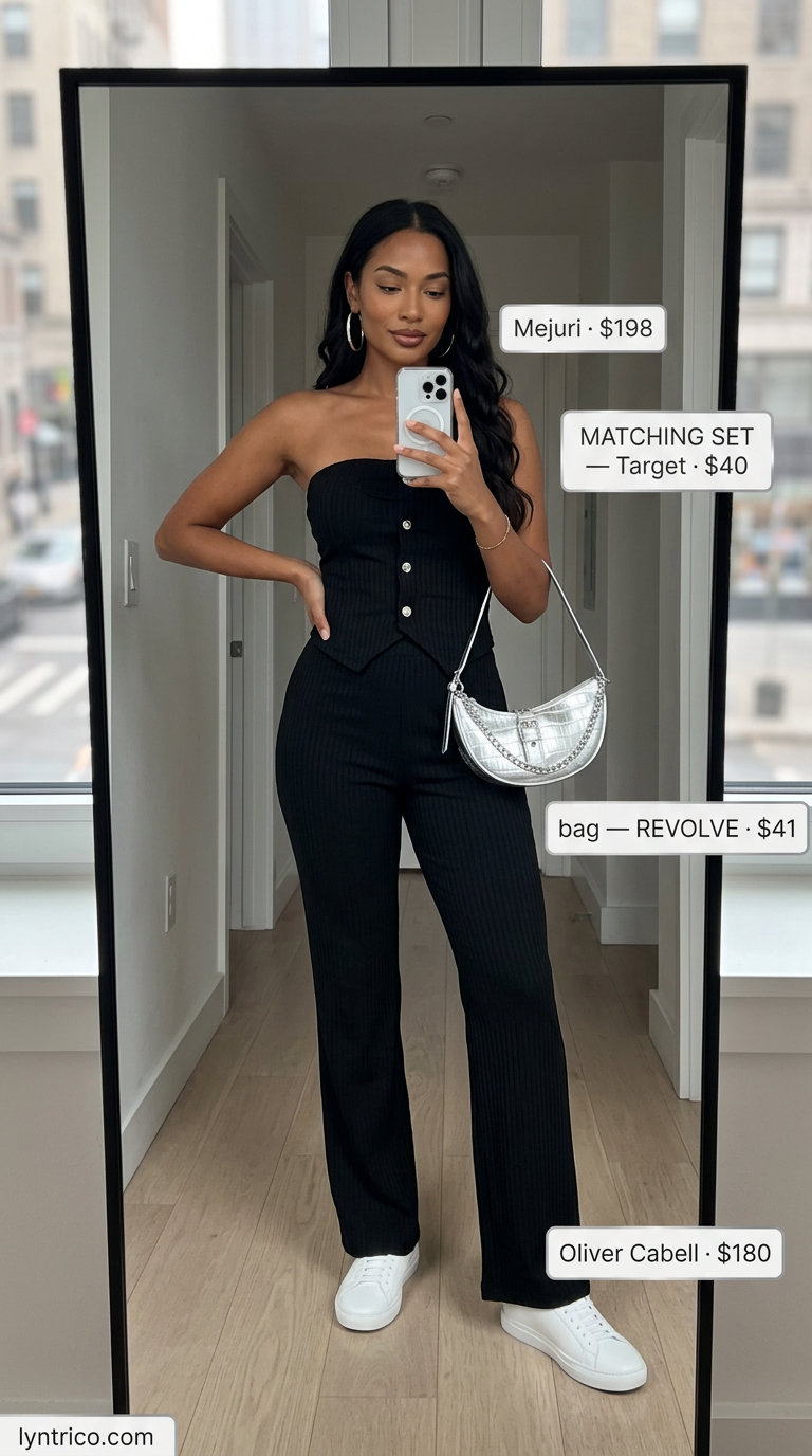 Casual NYC summer outfits for women 2026: Black matching set, silver crossbody, white sneakers, silver hoops.