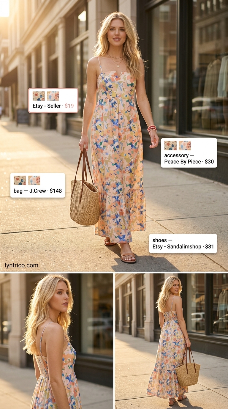 Casual NYC summer outfits for women 2026: Pastel floral maxi dress, tan slides, straw tote, beaded bracelets.