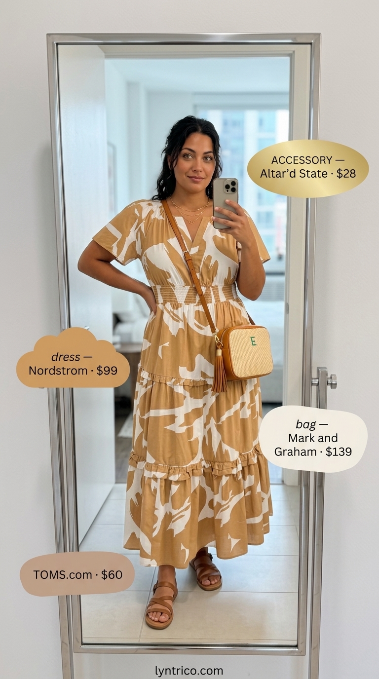 Casual NYC summer outfits for women 2026: Maxi dress, raffia bag, sandals for evening stroll.