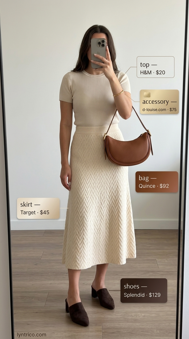 Casual NYC summer outfits for women 2026: Midi skirt, knit top, mules for gallery visit.