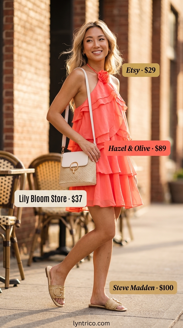 Casual NYC summer outfits for women 2026: Coral mini sundress, raffia sandals, straw bag, gold hoops.