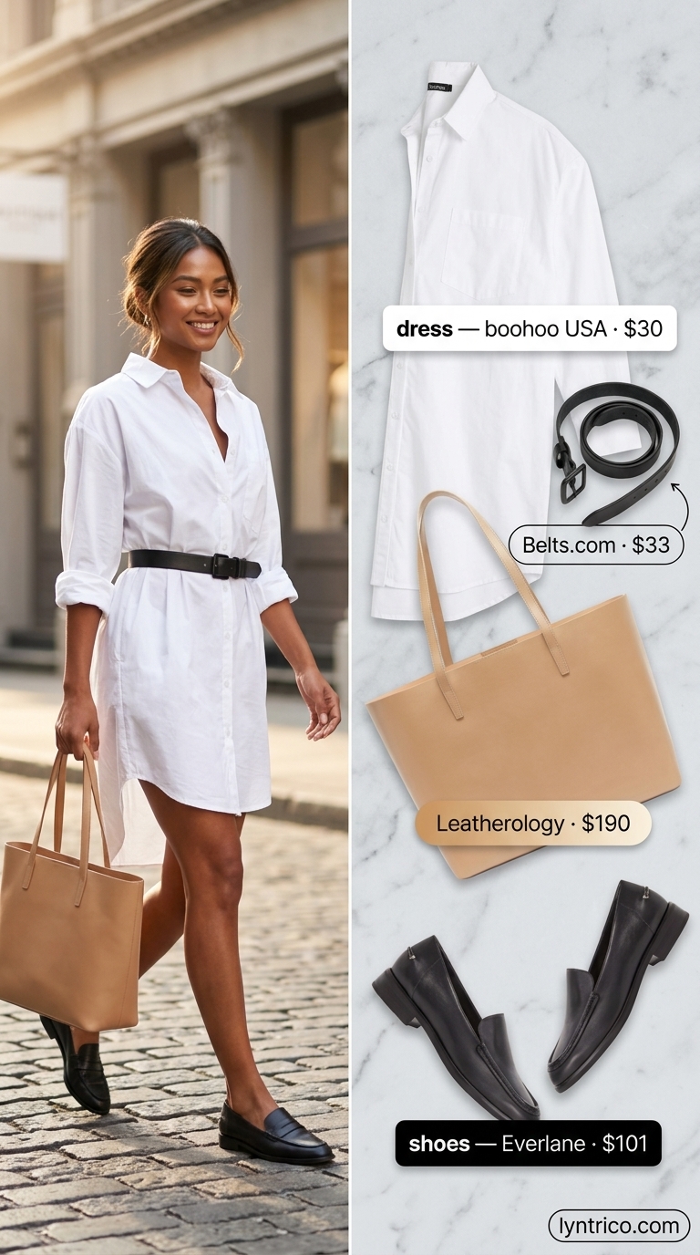 White shirtdress with black belt, loafers & leather tote for casual NYC summer outfits for women 2026.