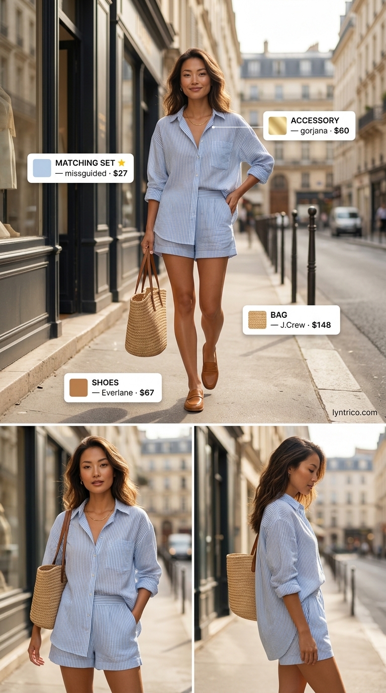 Sky blue stripe shorts set with loafers, straw tote & gold necklace for casual NYC summer outfits for women 2026.