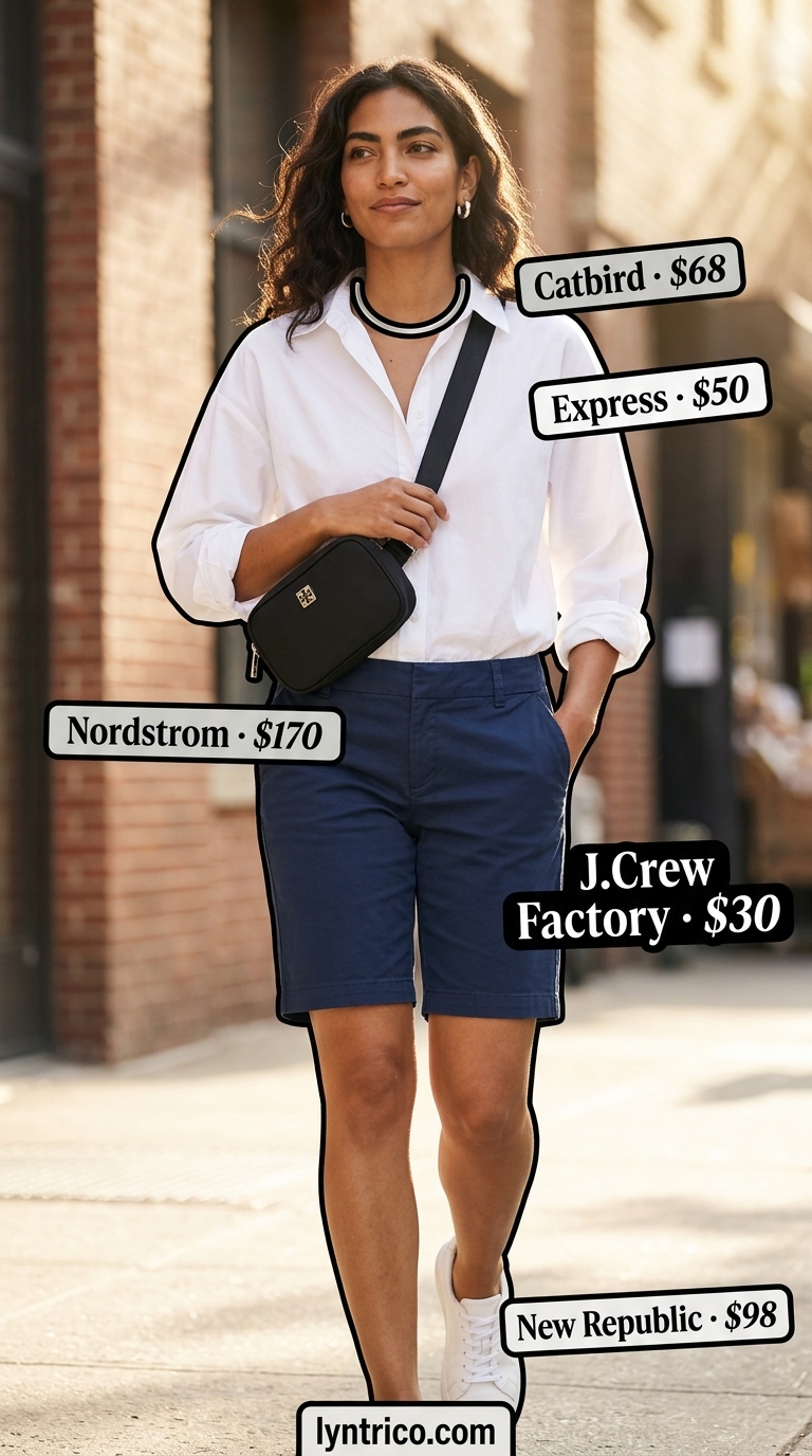 Casual NYC summer outfits for women 2026: Navy Bermuda shorts, white oversized shirt, sneakers, belt bag.