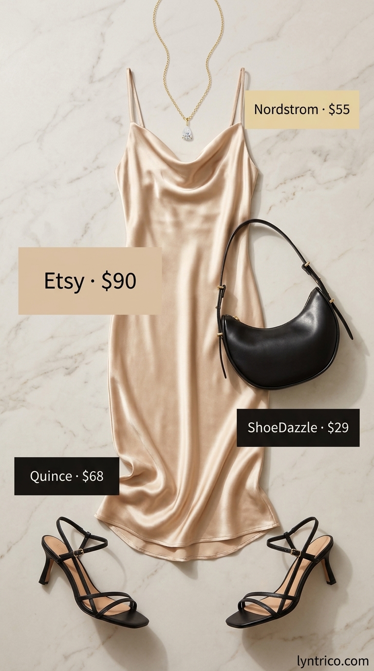 Champagne satin slip dress with cowl neck, black sandals & gold necklace for casual NYC summer outfits for women 2026.
