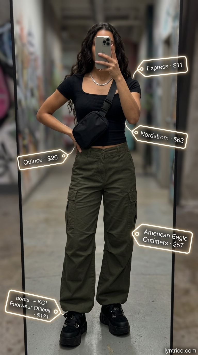 Casual NYC summer outfits for women 2026: Olive cargo pants, black crop top, platform sneakers, silver chain.