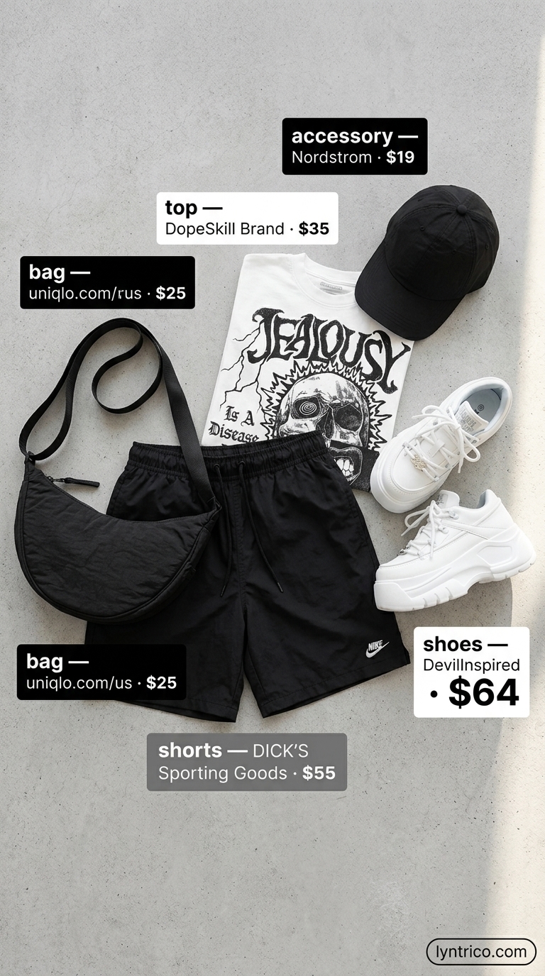 Athletic shorts with graphic tee, platform sneakers & baseball cap for casual NYC summer outfits for women 2026.