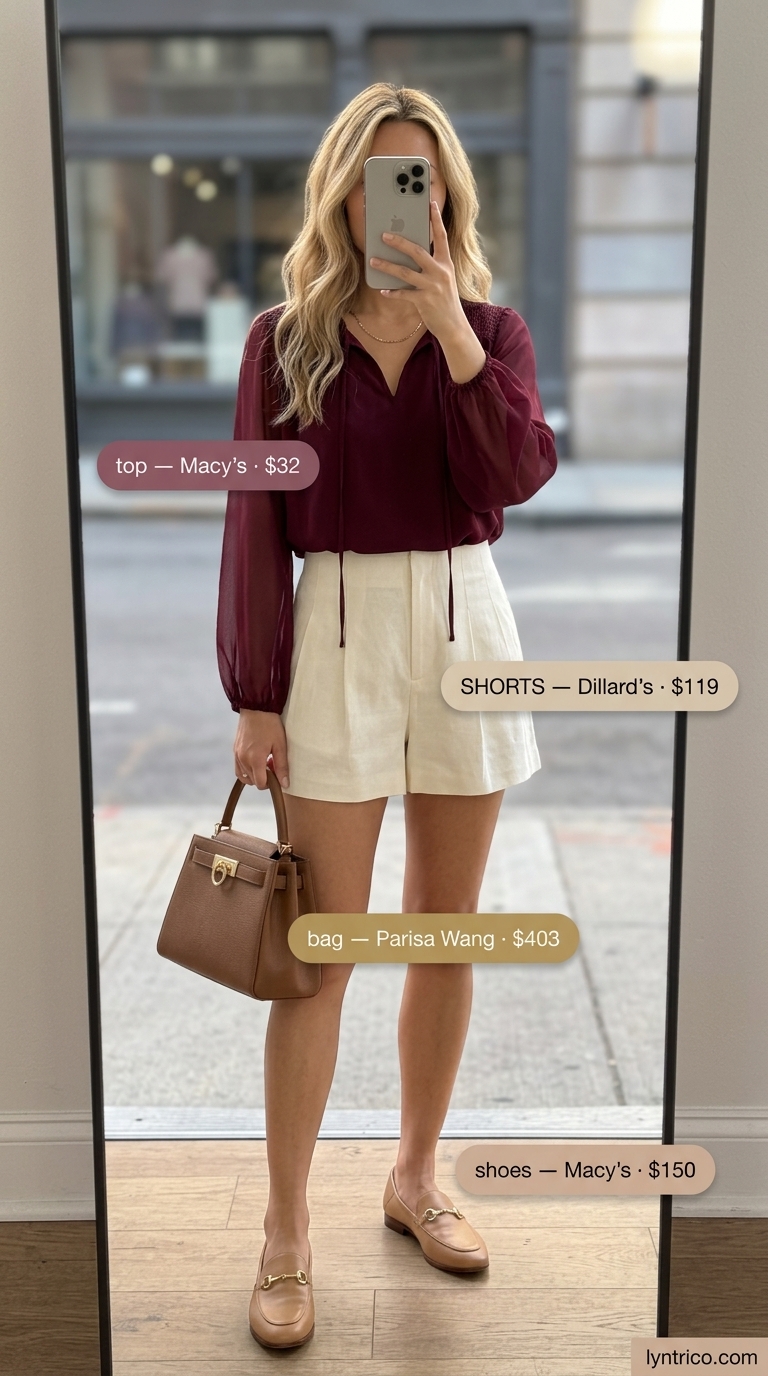 Cream linen shorts with burgundy silk blouse, loafers & gold necklace for casual NYC summer outfits for women 2026.