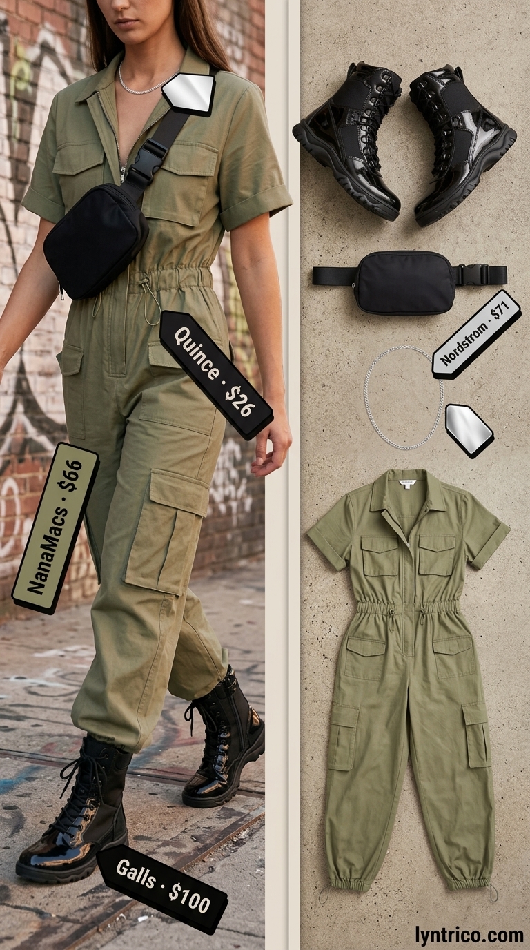 Casual NYC summer outfits for women 2026: Utility jumpsuit, combat boots, belt bag for urban exploration.