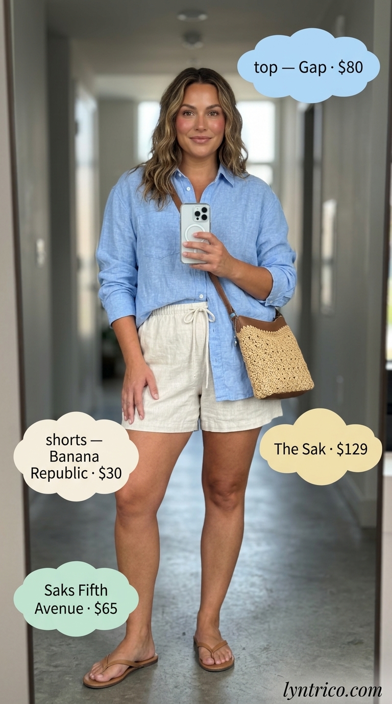 Linen shorts with oversized linen shirt, straw bag & thong sandals for casual NYC summer outfits for women 2026.