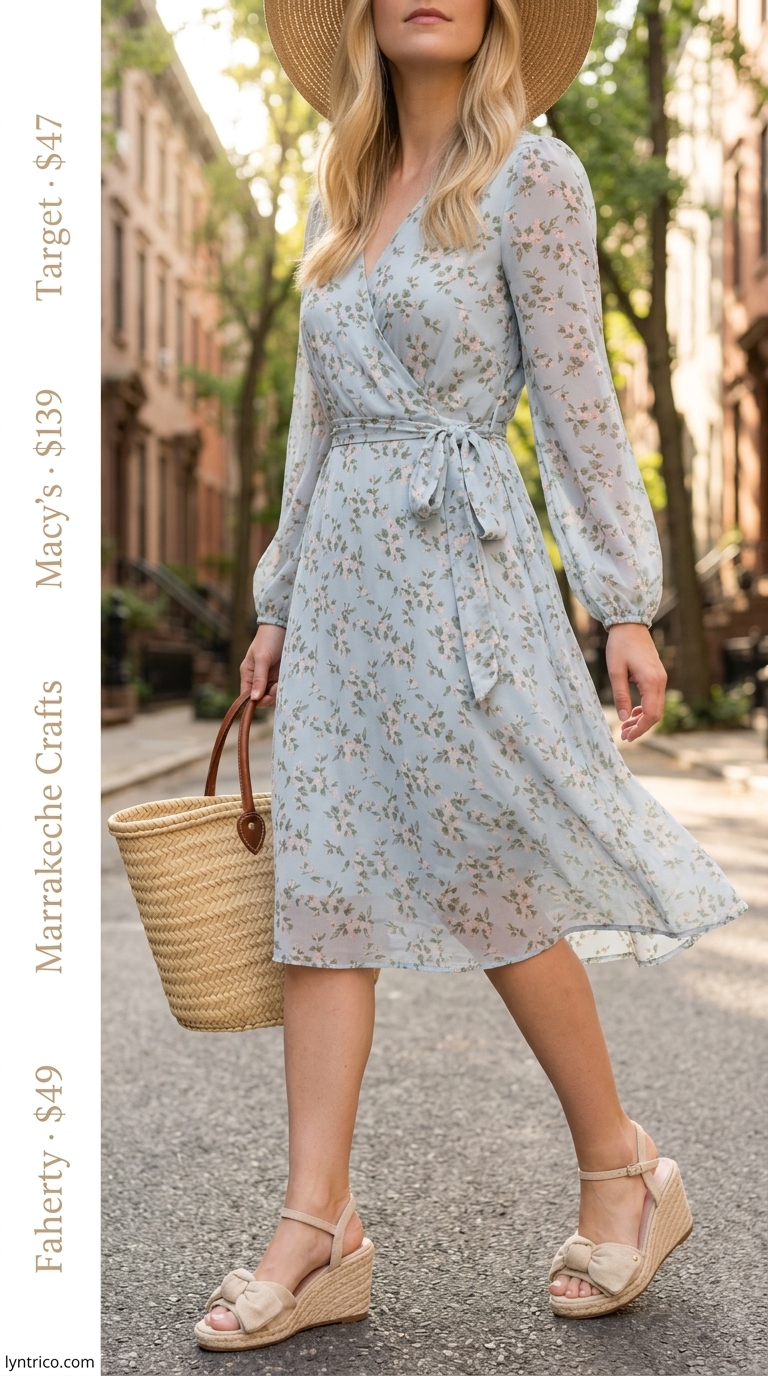 Casual NYC summer outfits for women 2026: Floral midi wrap dress, espadrilles, straw hat, straw tote.