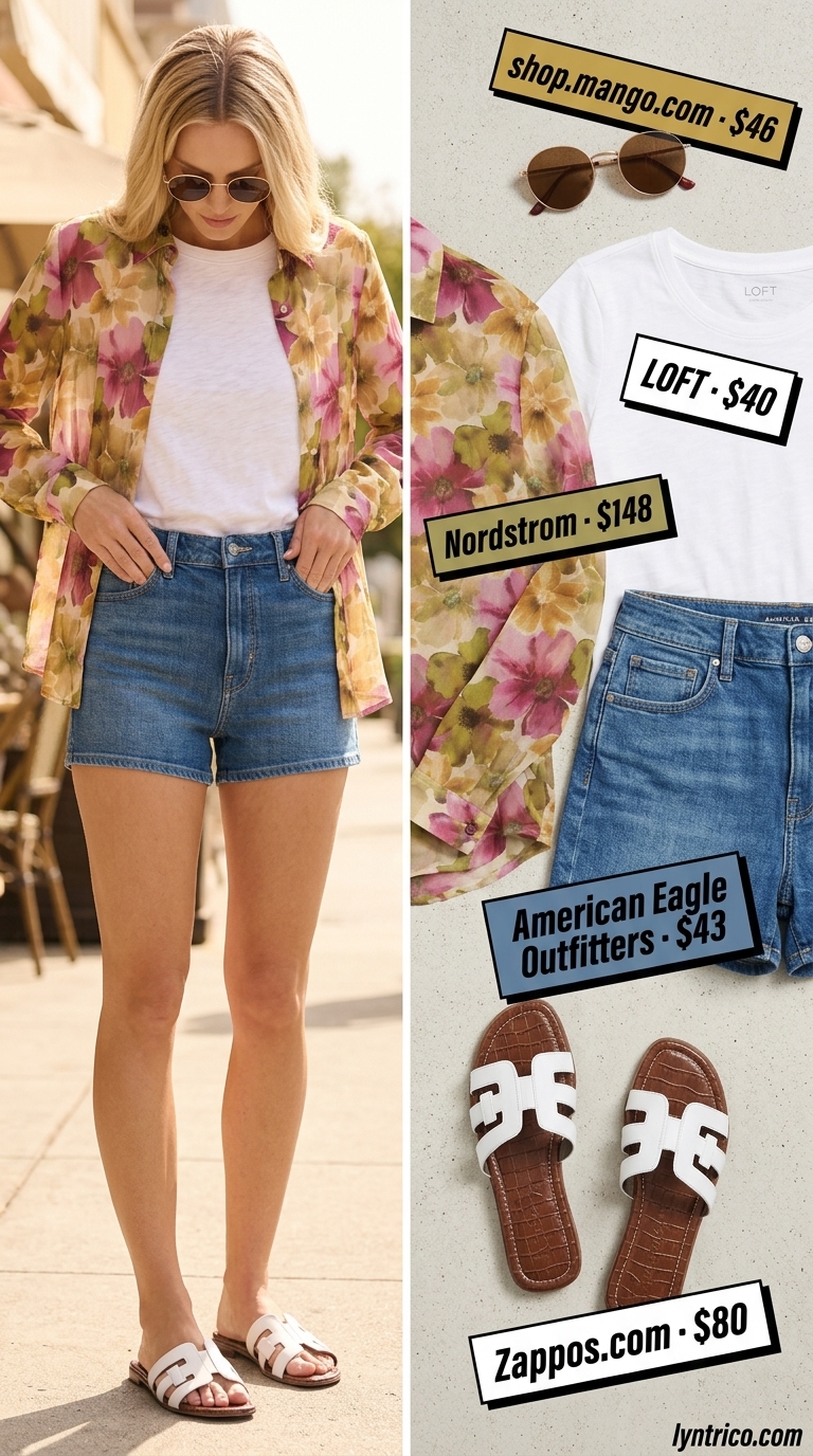 Casual Weekend Shorts Outfit 2026 Casual shorts outfit for women 2026: Denim shorts, floral blouse, slide sandals, tote bag.