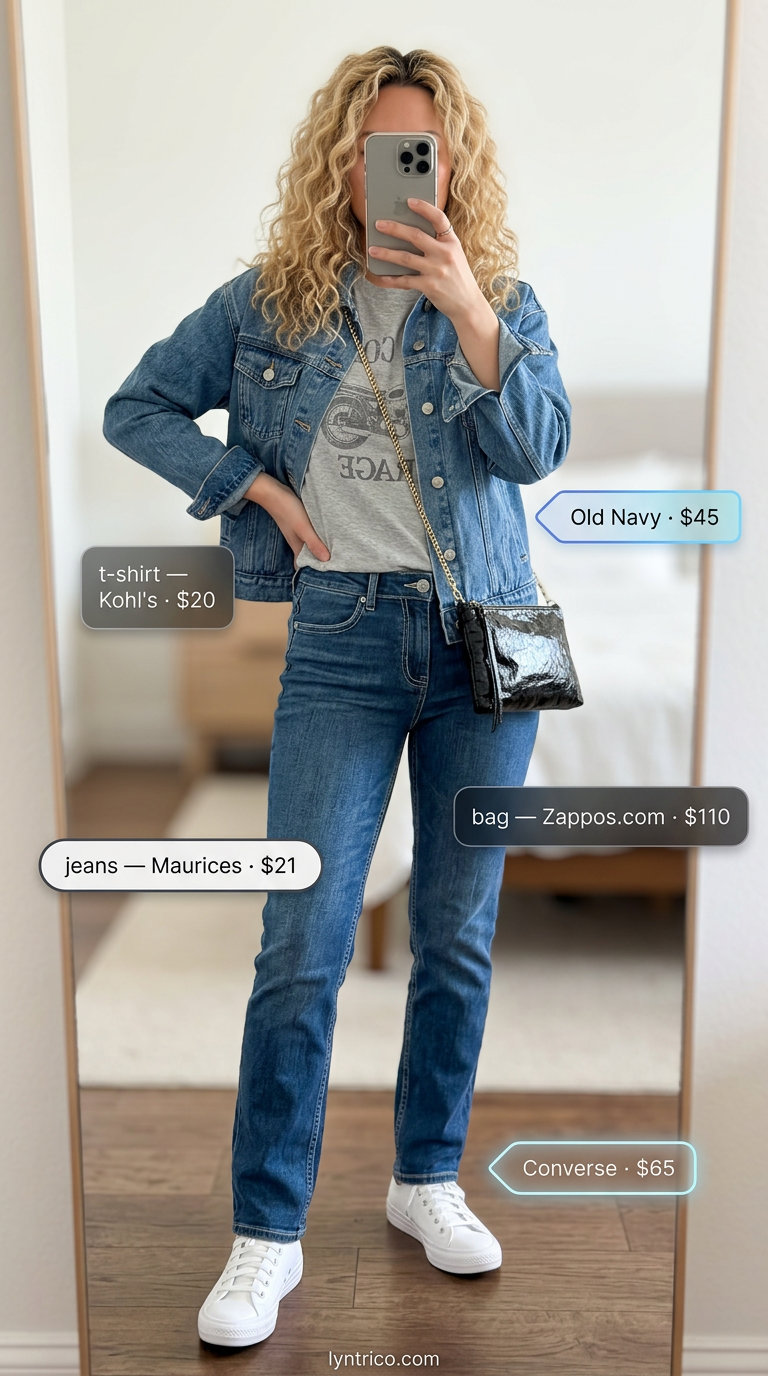 Effortless T-Shirt & Jeans Outfit 2026 Casual t-shirt and jeans outfit for women 2026: Grey graphic tee, denim jeans, denim jacket.
