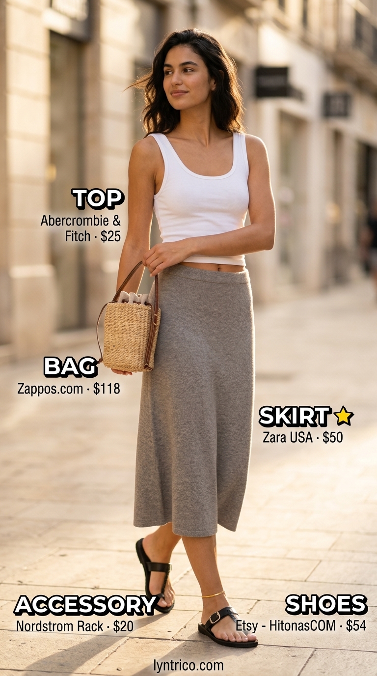 Chic minimalist summer outfit 2026: Sand knit midi skirt, white tank, brown thong sandals, straw bag, and gold anklet.