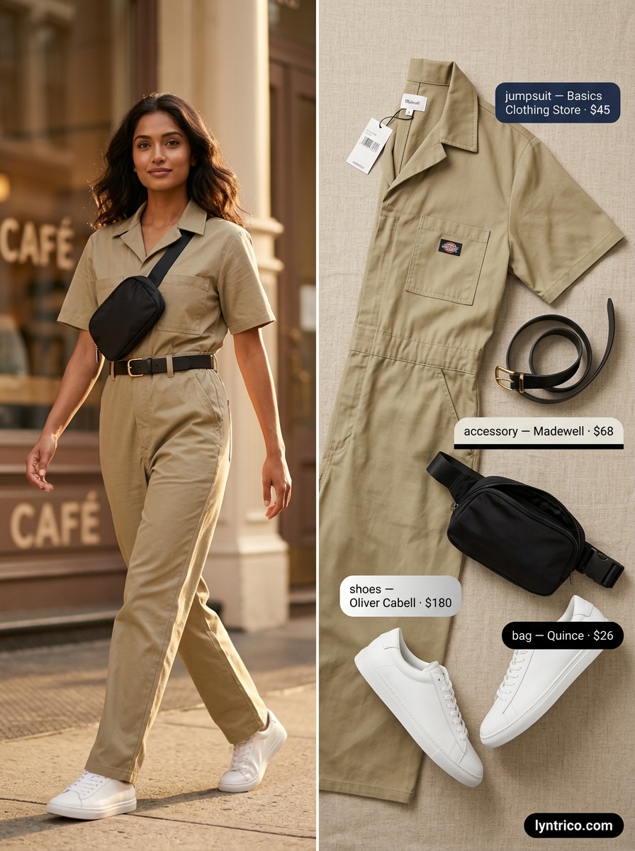 Chic minimalist summer outfit 2026: Khaki utility jumpsuit, white sneakers, black belt bag, and belt for a stylish day out.
