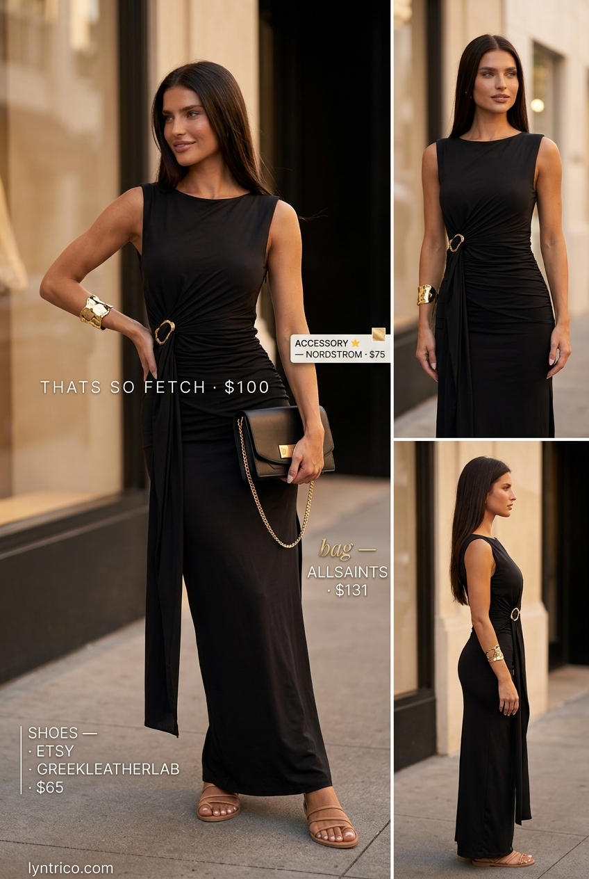Chic minimalist summer outfit 2026: Black maxi dress, tan sandals, gold cuff, and black clutch for an evening event.