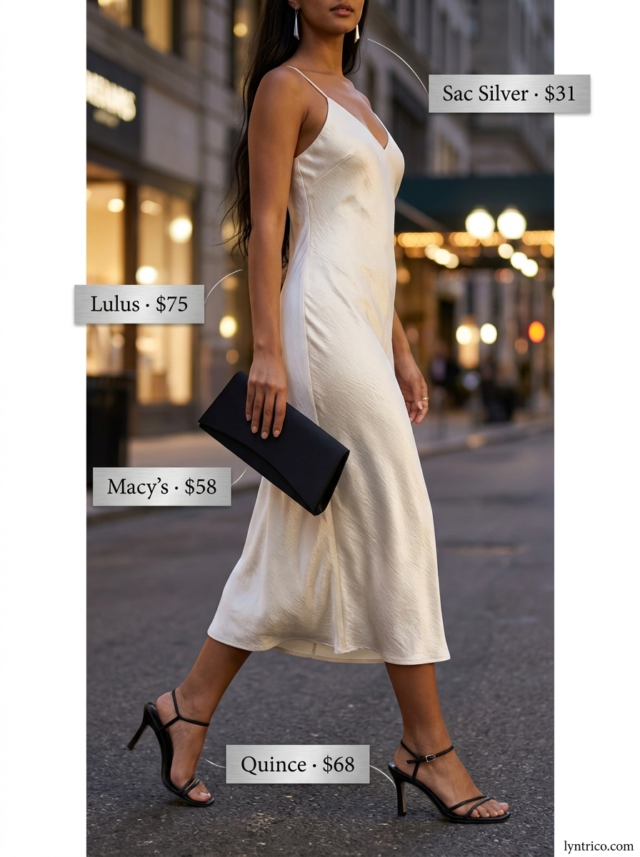 Chic minimalist summer outfit 2026: Ivory slip dress, black sandals, silver earrings, and black clutch for date night.