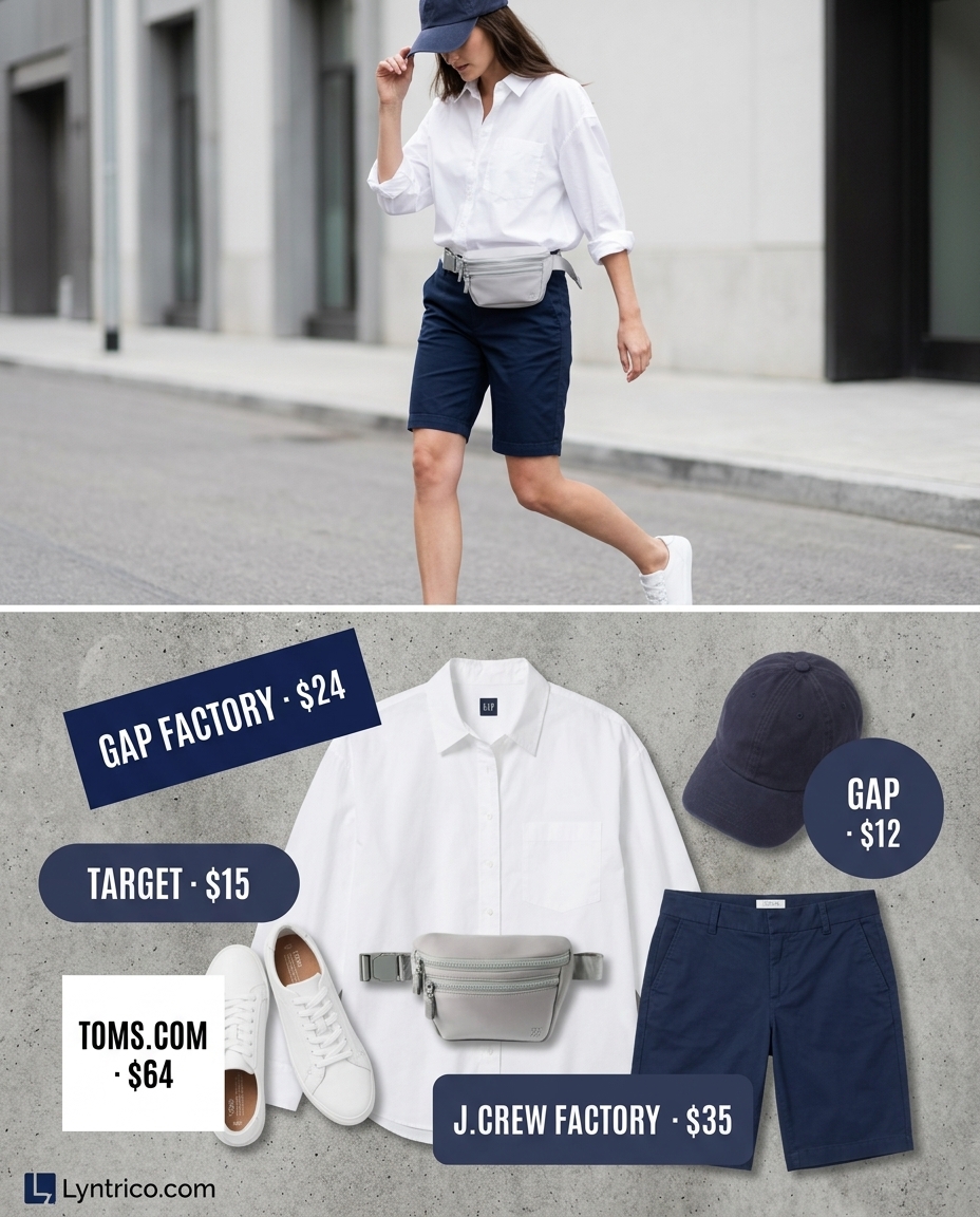 Chic minimalist summer outfit 2026: Navy Bermuda shorts, oversized white button-down, grey belt bag, and sneakers for errands.