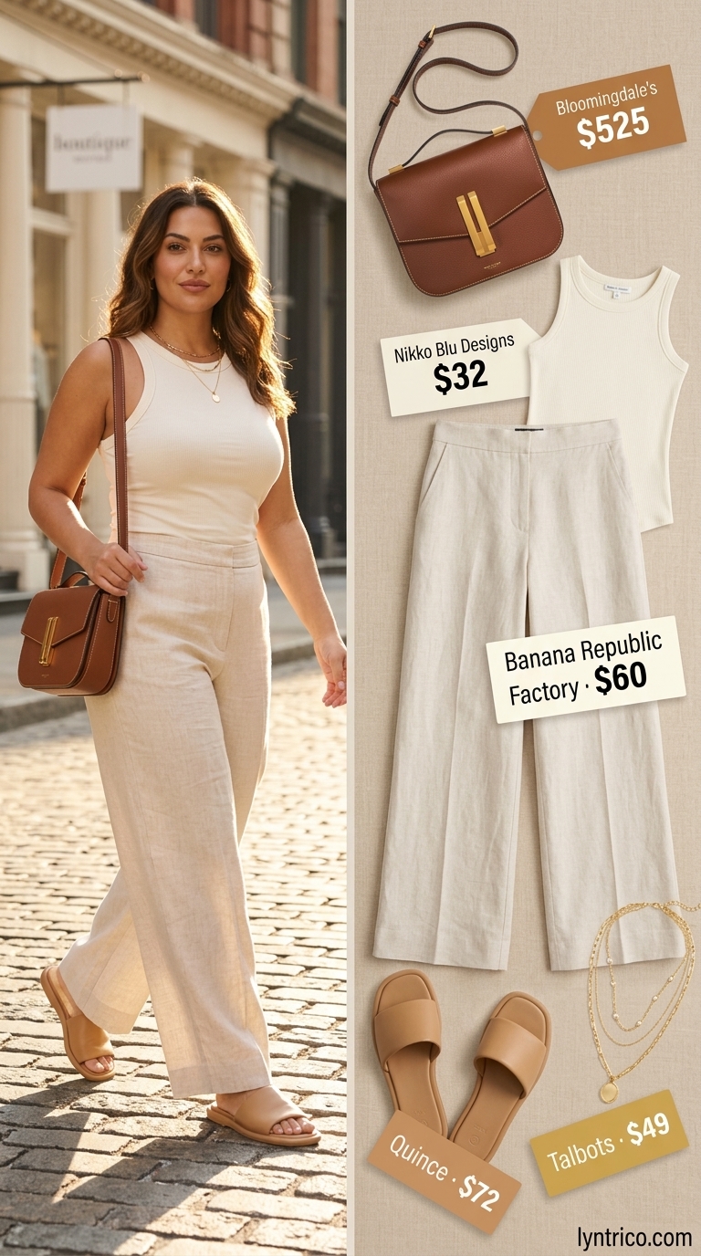 Chic minimalist summer outfit 2026: Cream linen pants, fitted tank, tan slides, gold necklace, and crossbody bag for seaside ease.