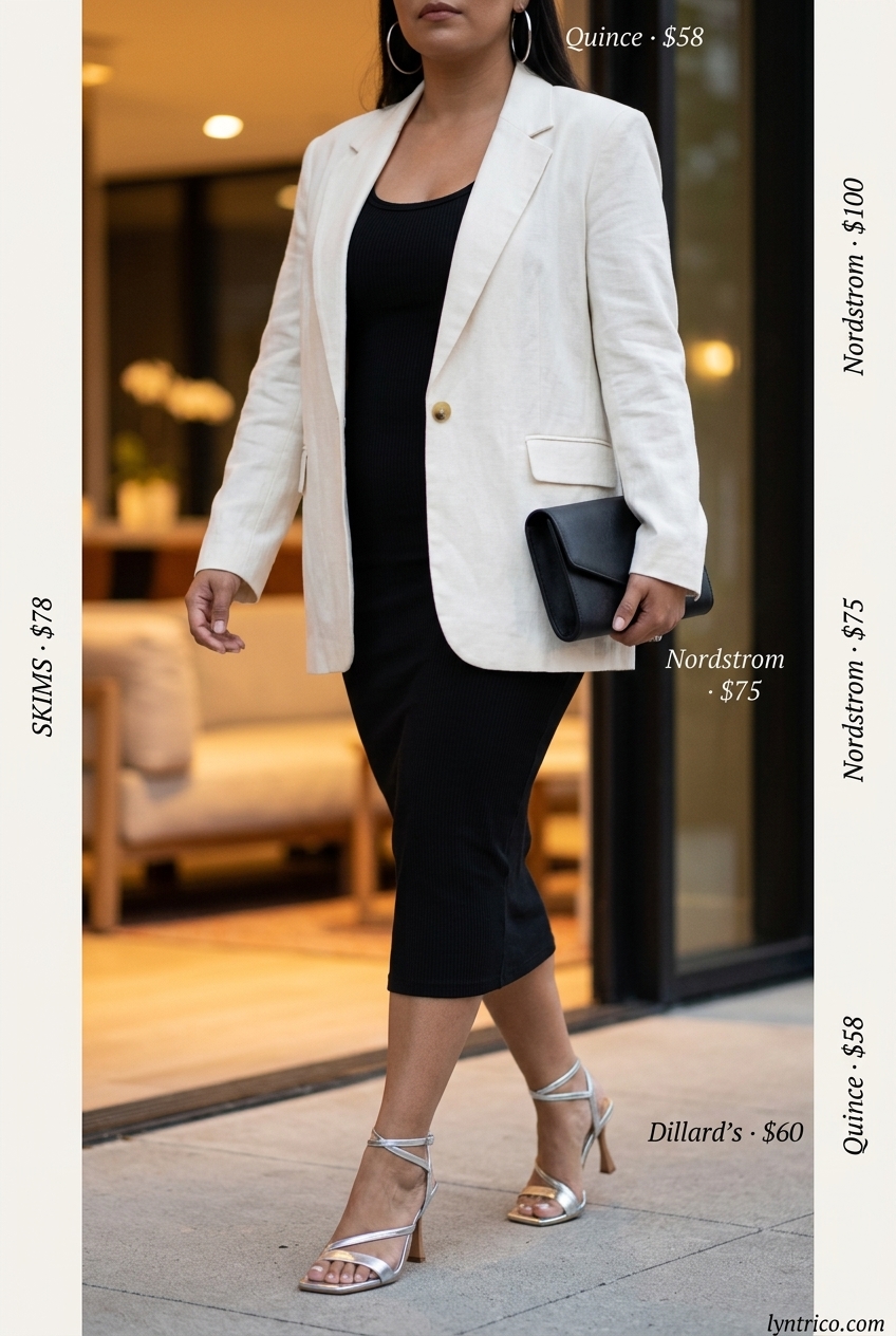 Chic minimalist summer outfit 2026: Black knit midi dress, white blazer, silver heels, clutch, and hoop earrings for evening.