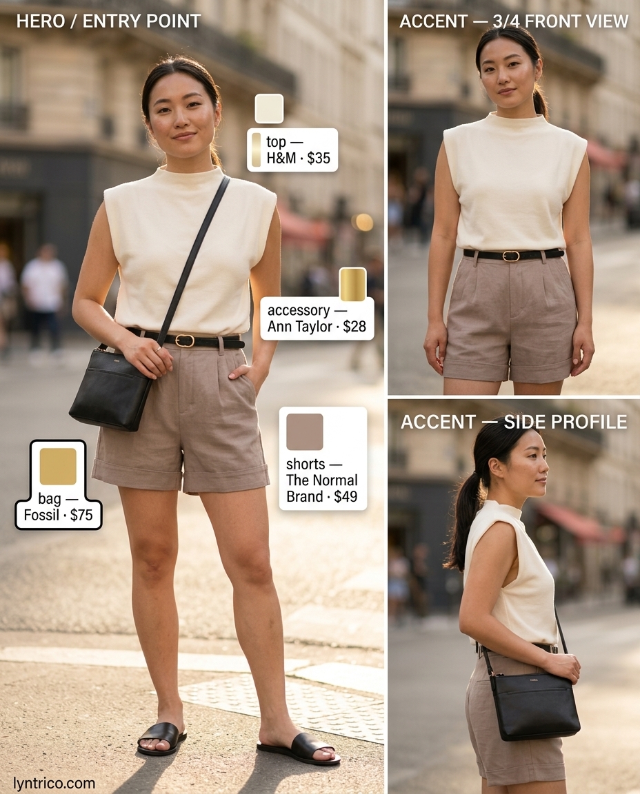 Chic minimalist summer outfit 2026: Taupe linen shorts, cream knit top, black belt, crossbody bag, and sandals for smart casual.
