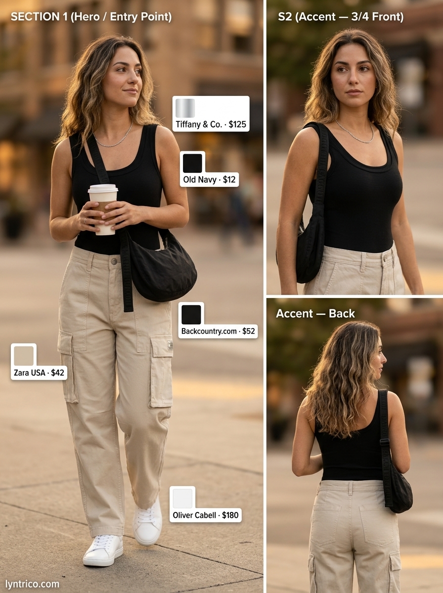 Chic minimalist summer outfits for women 2026: Beige cargo pants with white sneakers, black bodysuit, and crossbody bag for casual errands.