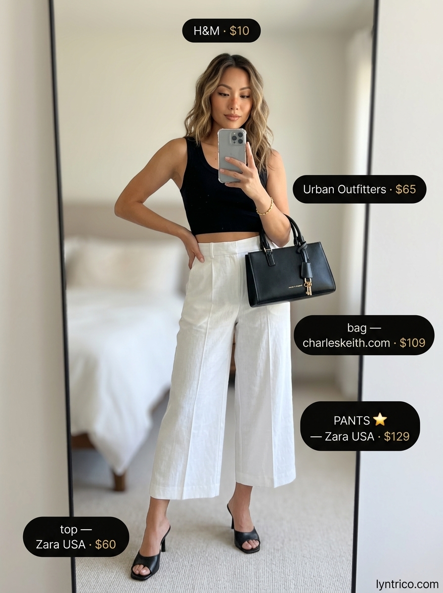 Chic minimalist summer outfits for women 2026: White culottes with black crop top, gold bracelet, and structured bag for a daytime event.