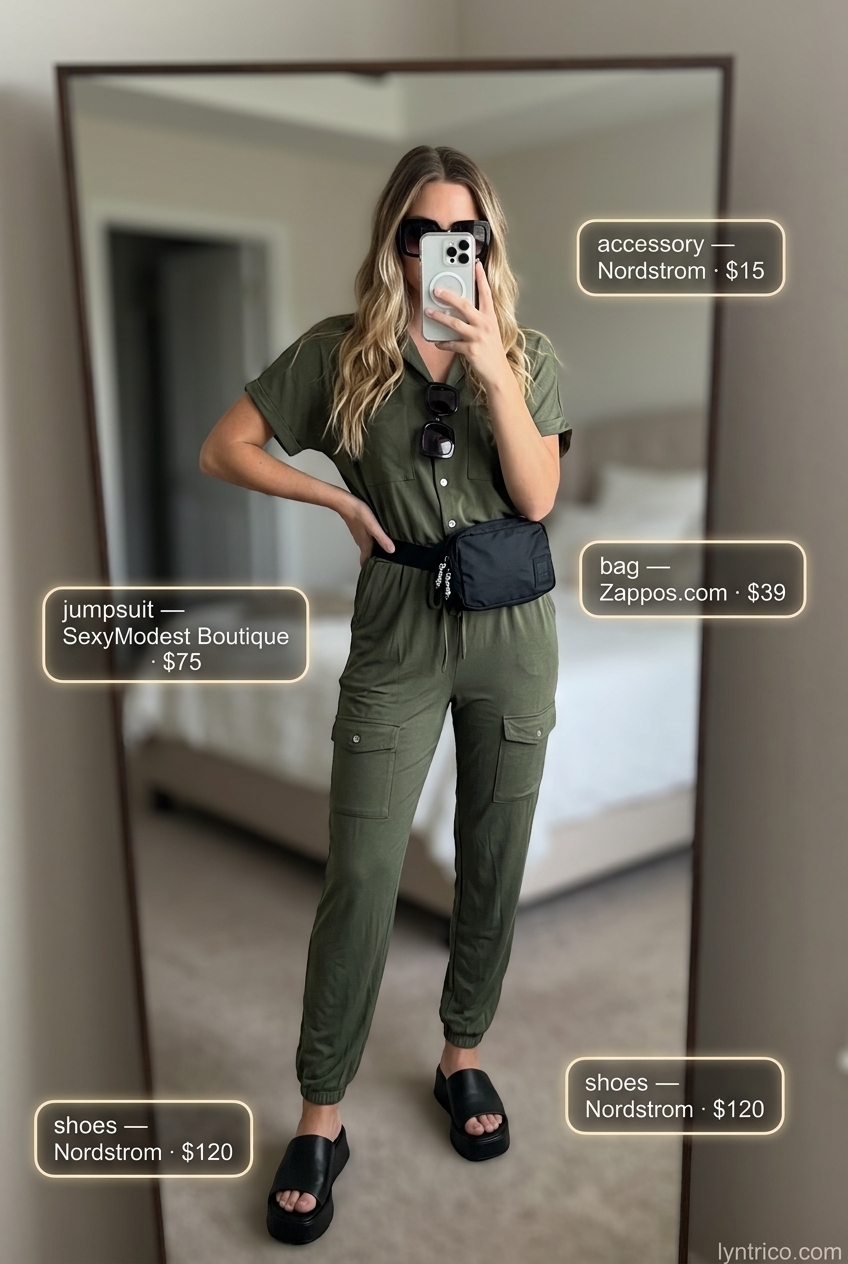 Chic minimalist summer outfits for women 2026: Olive green utility jumpsuit with black leather slides and belt bag for casual errands.