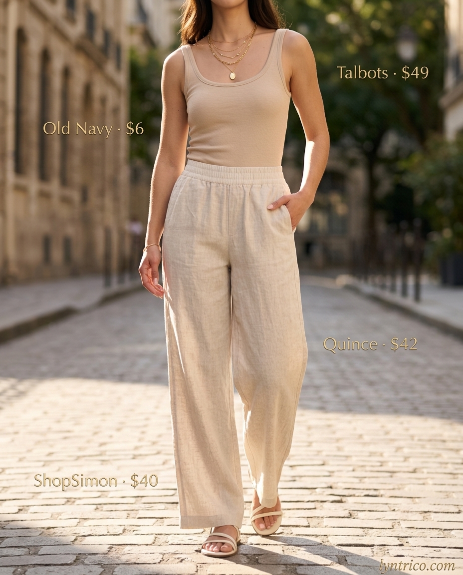 Chic minimalist summer outfits for women 2026: Soft beige linen pants with cream tank, gold necklaces, and tan crossbody for brunch.