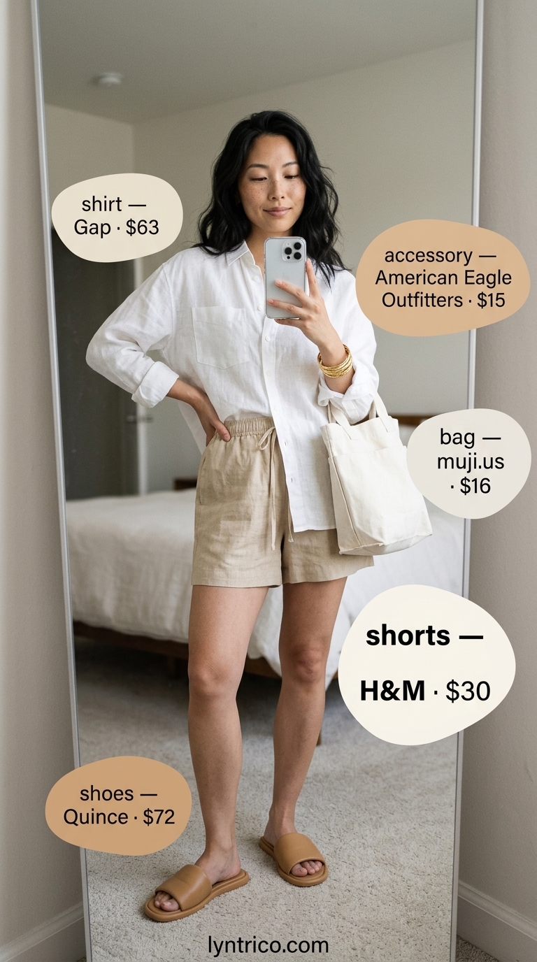 Chic minimalist summer outfits for women 2026: White linen shirt over beige linen shorts with leather slides and canvas tote for vacation.