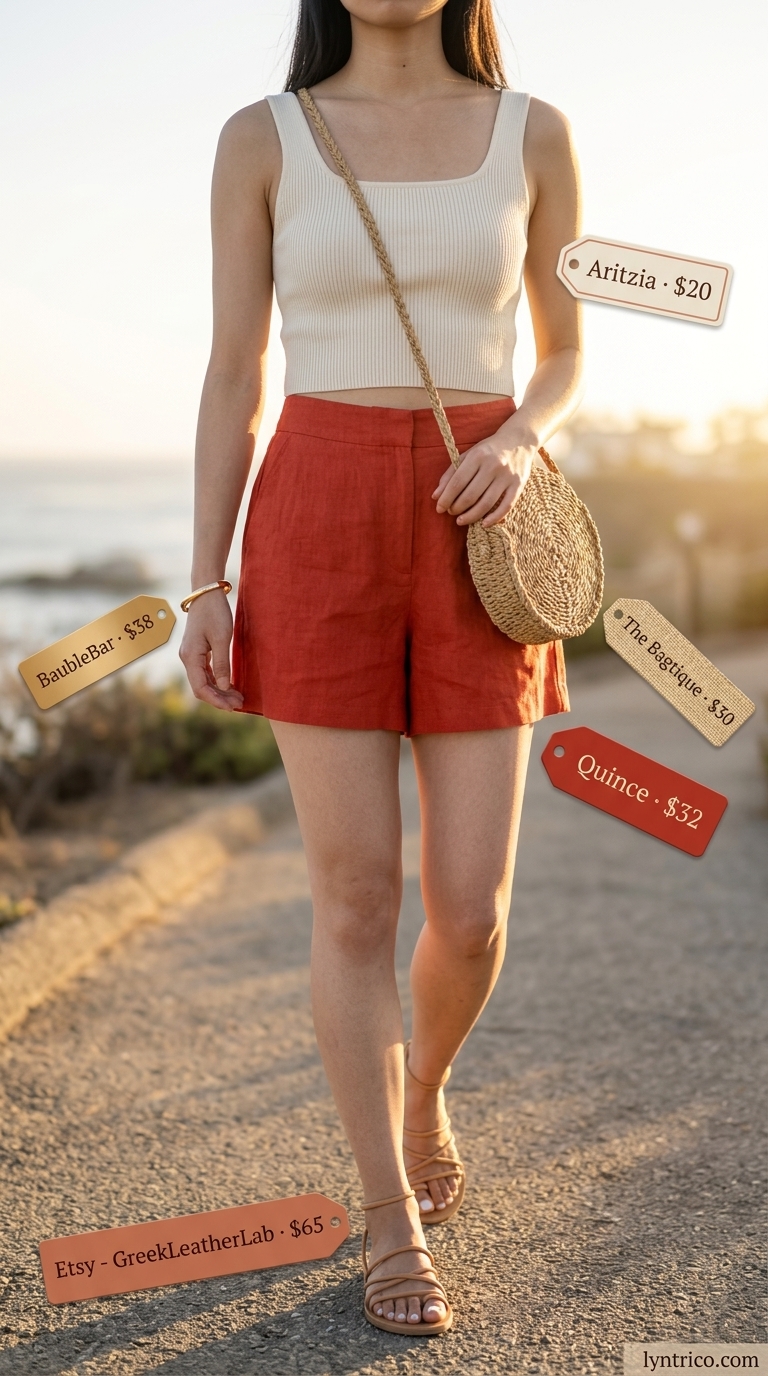 Chic minimalist summer outfits for women 2026: Terracotta linen shorts with cream tank, straw bag, and gold bangle for a casual day out.
