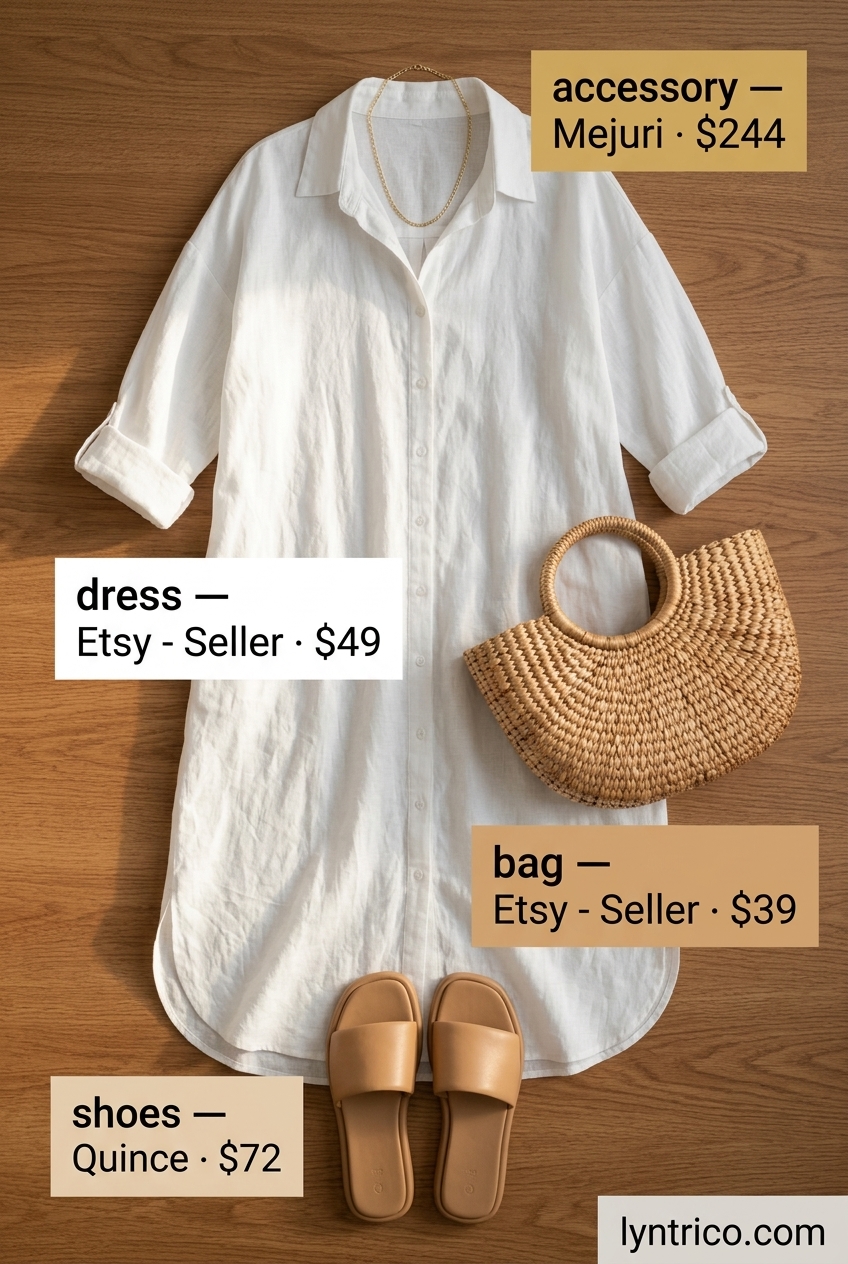 Chic minimalist summer outfits for women 2026: White oversized shirt dress with tan sandals, straw tote, and gold necklace for a casual day.