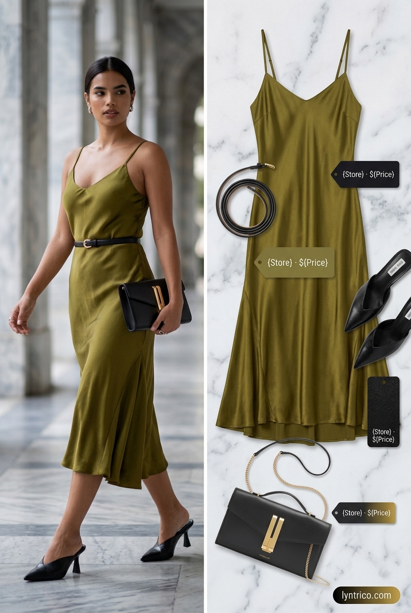 Chic minimalist summer outfits for women 2026: Olive green satin slip dress with black heeled mules and clutch for an evening out.