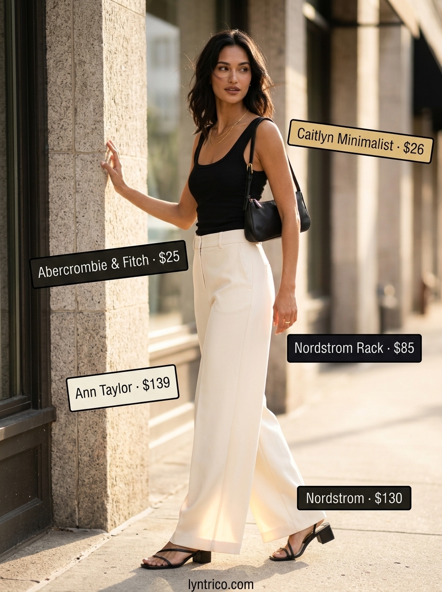 Chic minimalist summer outfits for women 2026: Cream wide-leg pants with black tank and heeled sandals for a comfortable travel look.