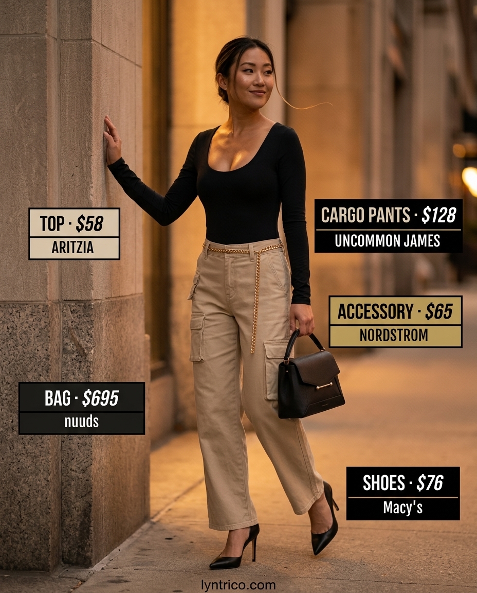 Chic minimalist summer outfits 2026: Beige cargo pants, black bodysuit, gold belt, heels.