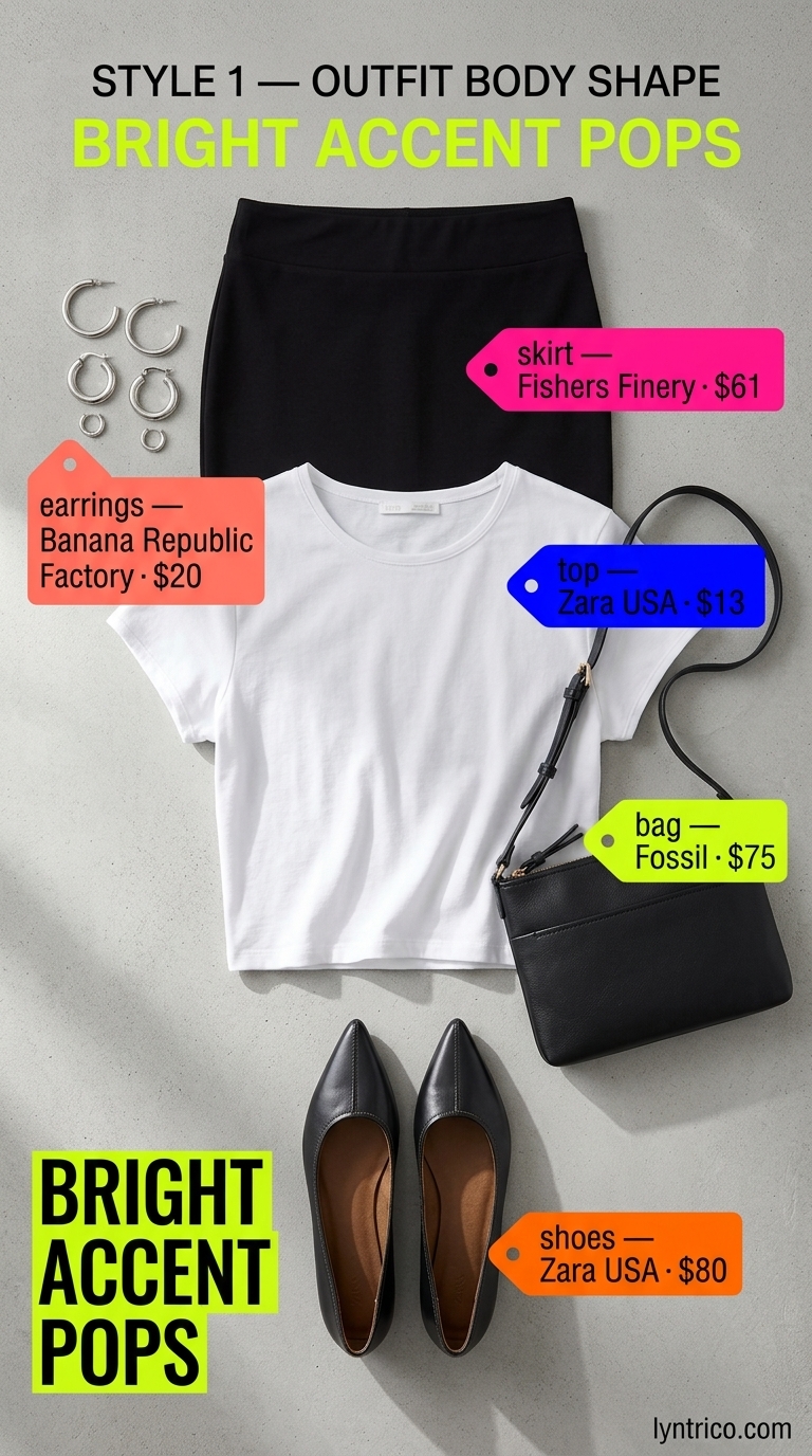 Chic minimalist summer outfits 2026: Black midi skirt, white tee, silver hoops, ballet flats.