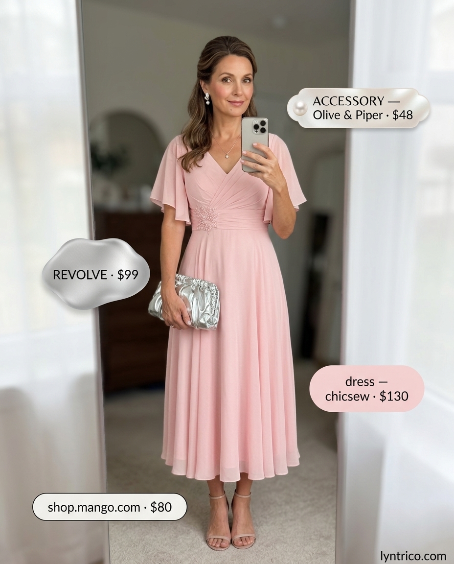 Chic minimalist summer outfits 2026: Blush pink sheer overlay midi dress, silver accessories.