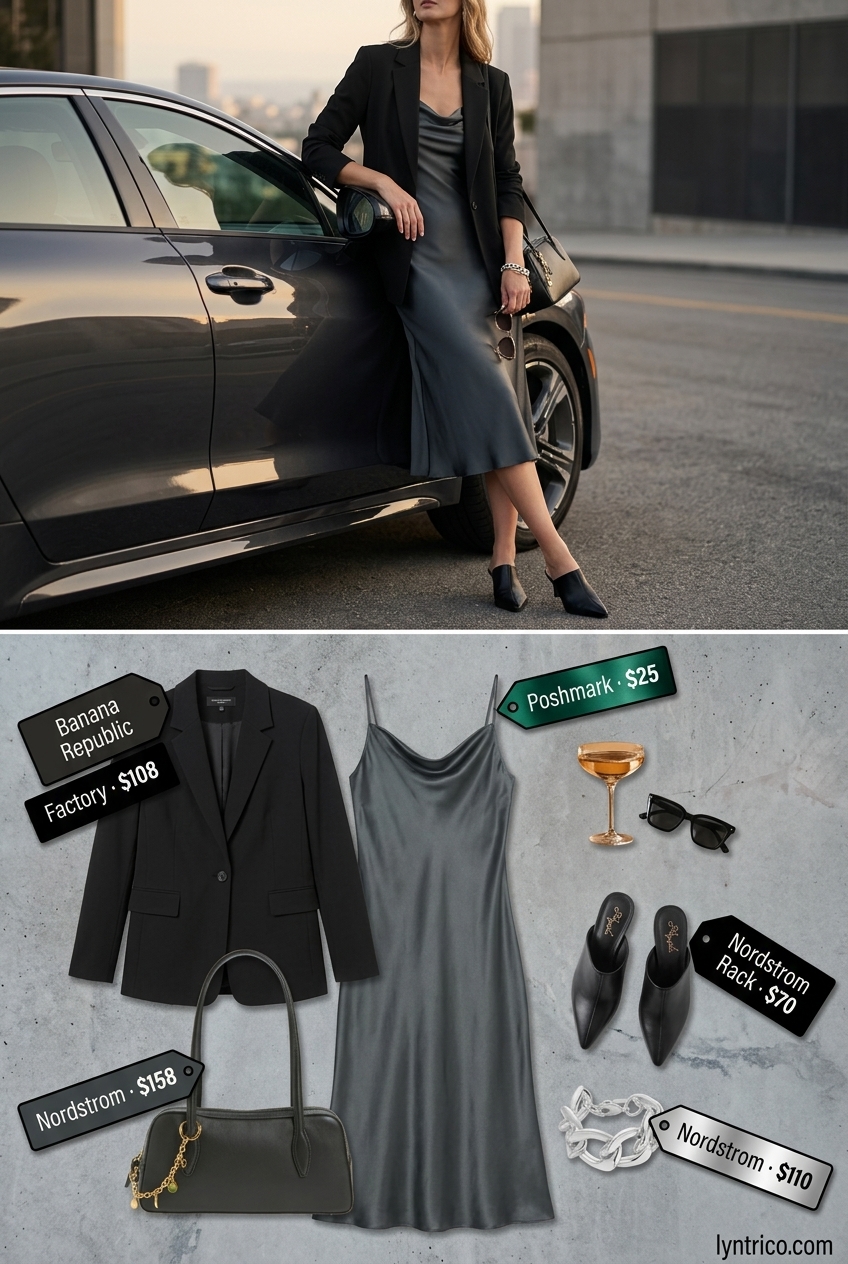 Chic minimalist summer outfits 2026: Charcoal slip dress, black blazer, silver bracelet.