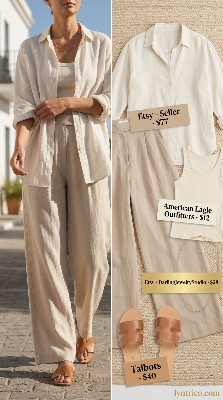 Chic minimalist summer outfits 2026: Cream tank, beige linen set, tan slides, gold necklace.