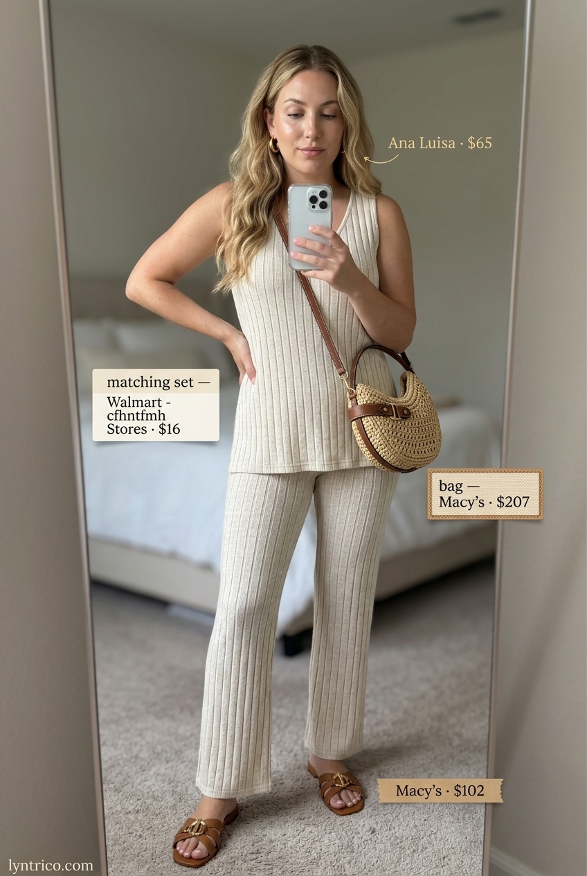 Chic minimalist summer outfits 2026: Cream knit set, crossbody bag, gold hoops, beige slides.