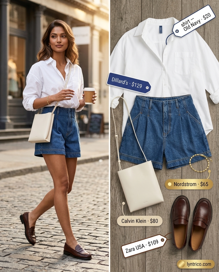 Chic minimalist summer outfits 2026: White shirt, denim shorts, leather loafers, straw tote.