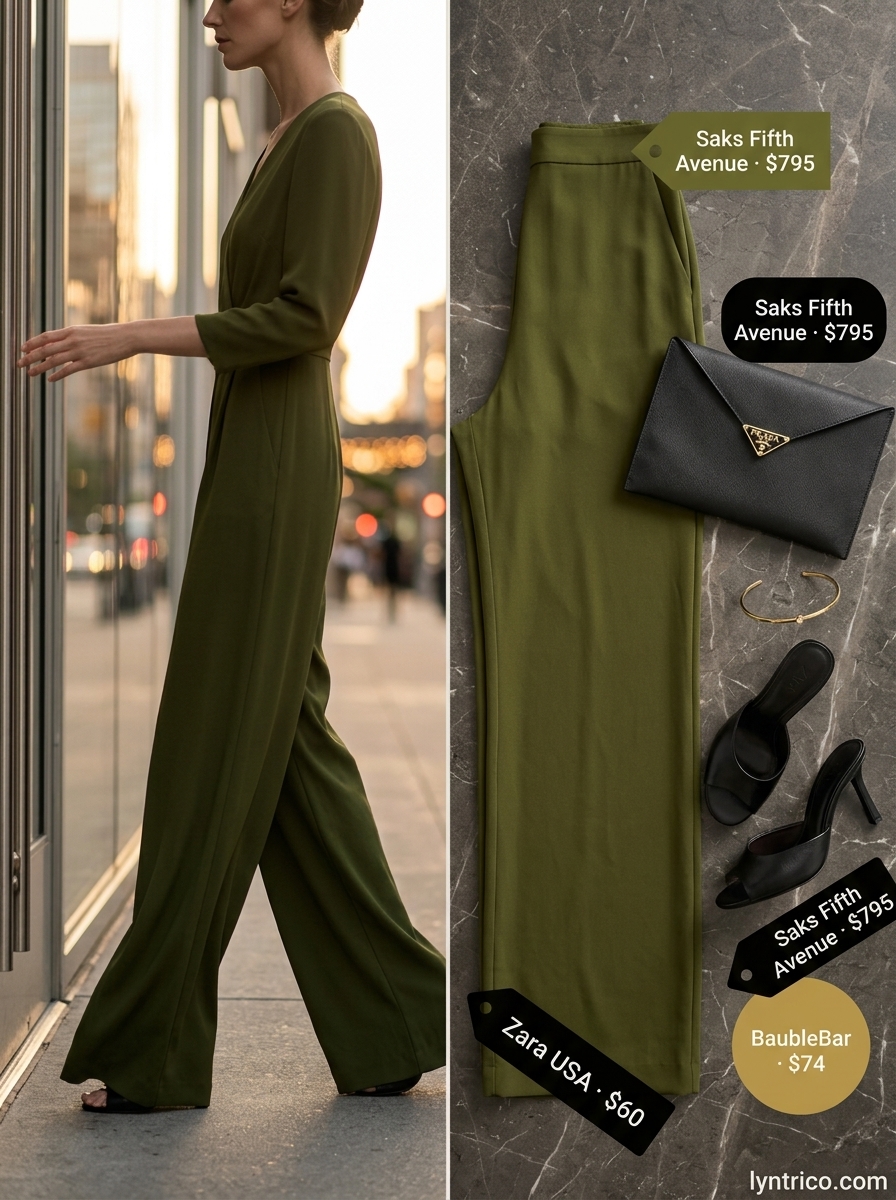 Chic minimalist summer outfits 2026: Olive green wide-leg jumpsuit, black heels, gold cuff.