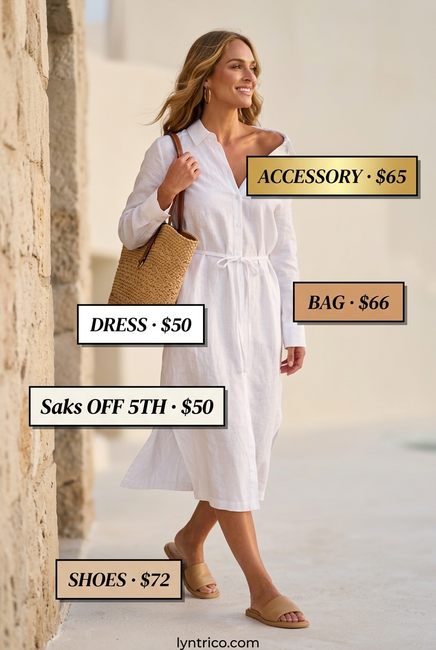 Chic minimalist summer outfit 2026: White linen shirt dress, tan slides, straw tote, gold hoops.