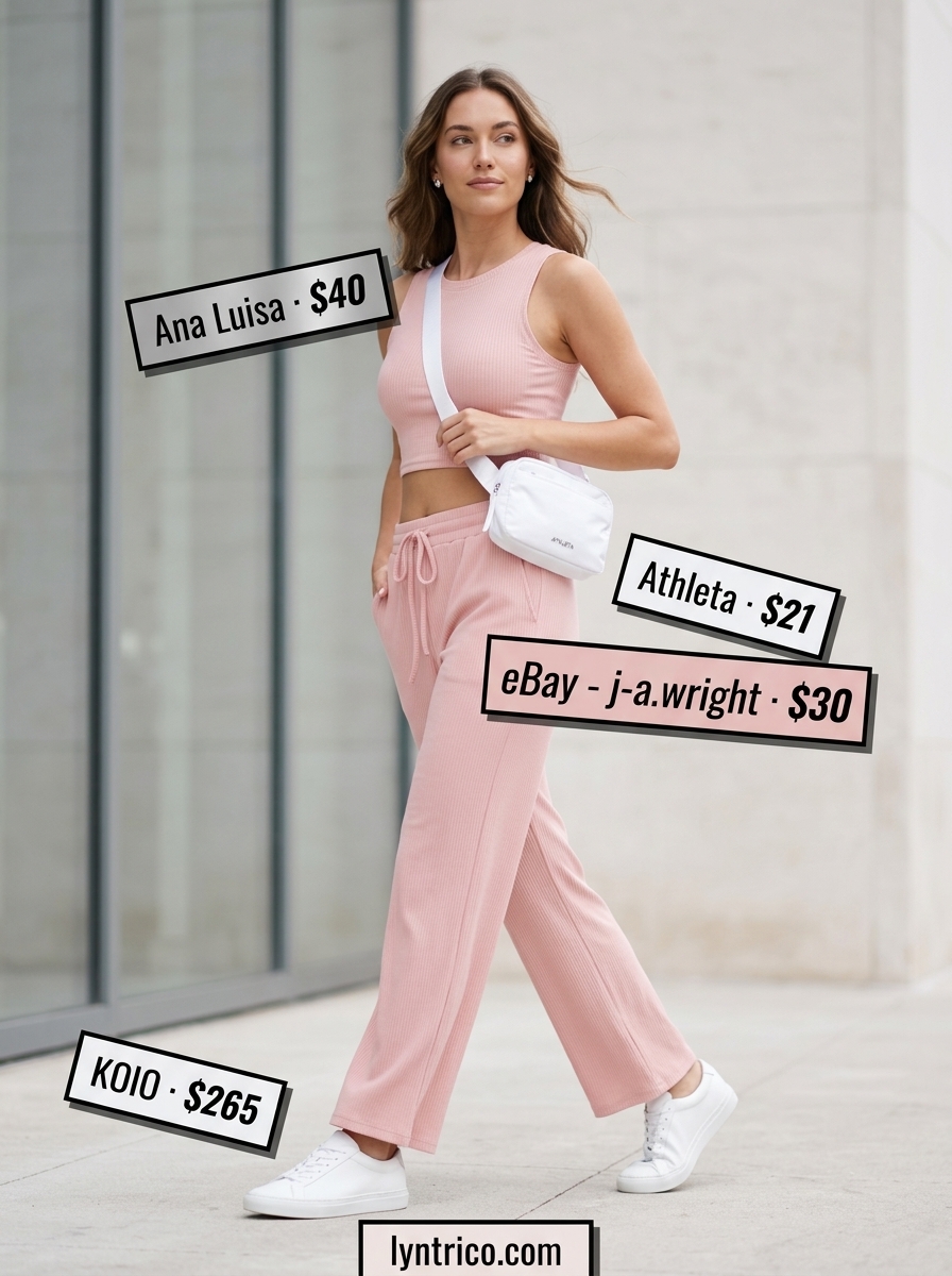 Chic summer fashion outfits for women 2026: Blush pink athleisure set with sneakers for travel.