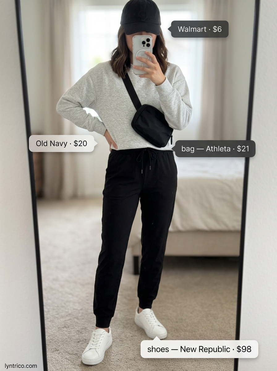 Chic summer fashion outfits for women 2026: Charcoal grey athleisure set, belt bag & sneakers for travel comfort.