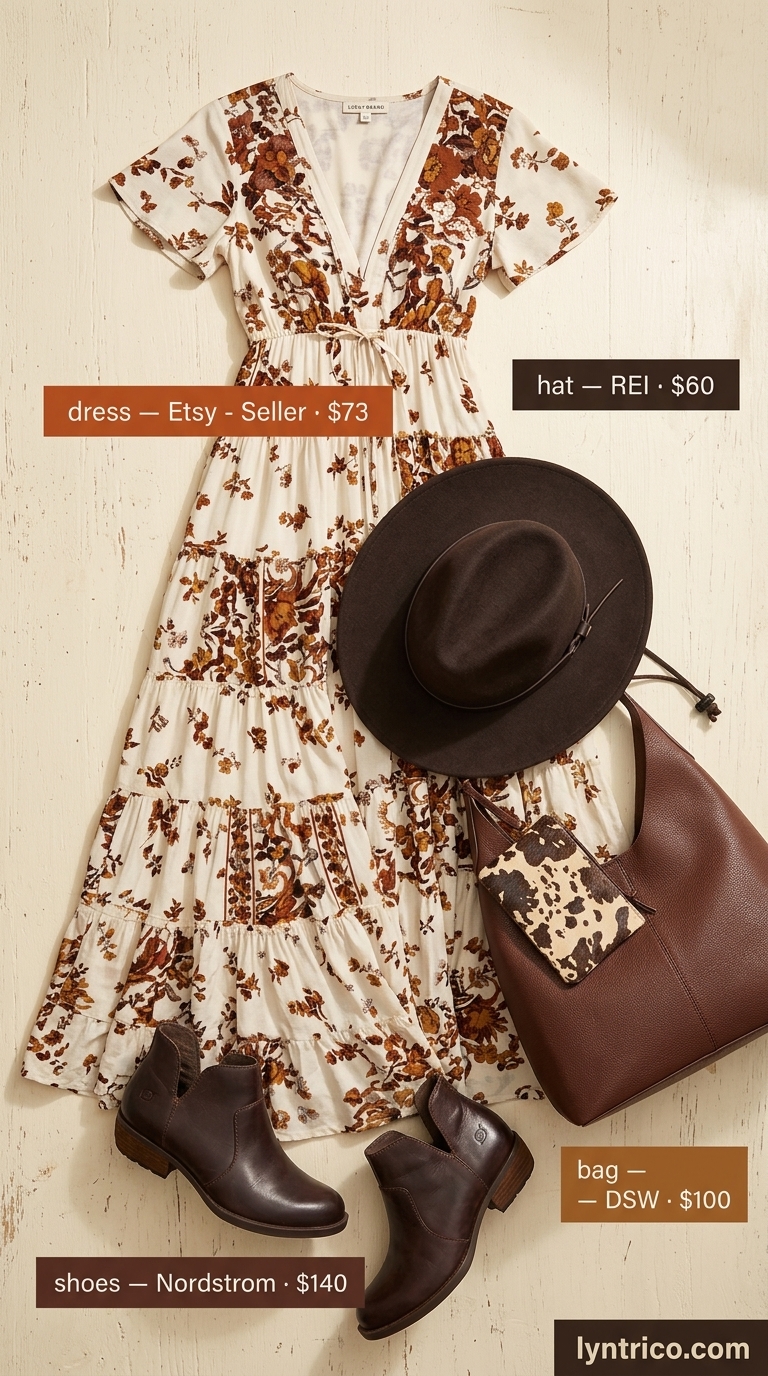 Chic summer fashion outfits for women 2026: Boho maxi dress, denim jacket, ankle boots, hat.